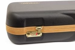 Negrini OU/SxS Deluxe Two Gun/Three-Barrel Takedown Shotgun Case 32" - 1646LX-2F+1C/4766 11 Negrini Shotgun Cases - 1646LX-3CC/4766 - Lock and leather closeup